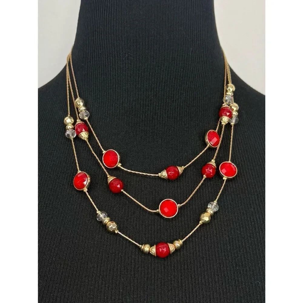 NY Signed Red Facet Bead Gold Tone Three Strand Statement Necklace